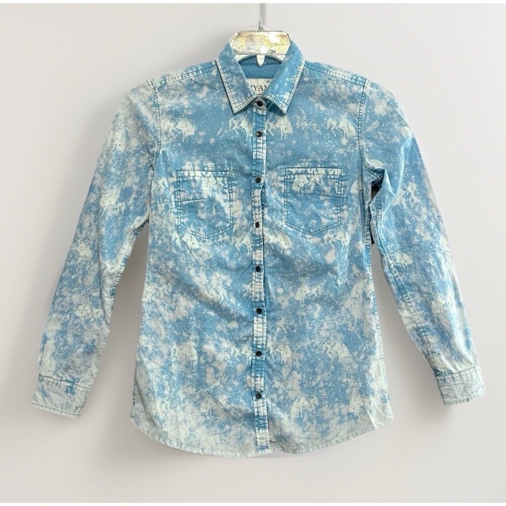 Ryan Michael Snap Shirt Womens Western Blue Distress Sz Small Bucking Horse